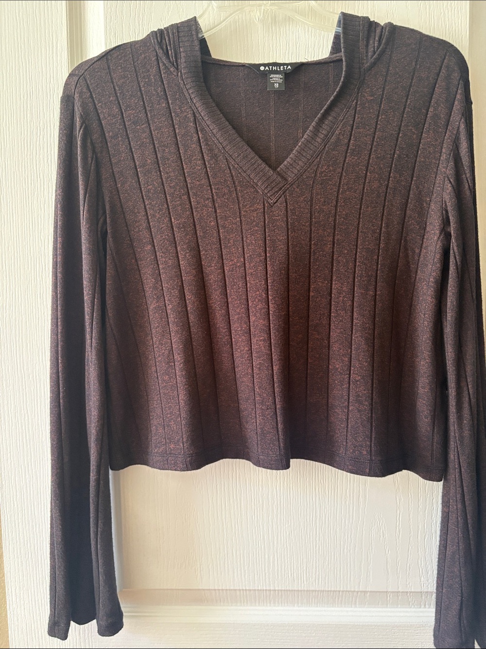 Athleta Brown Ribbed V-Neck hooded Long Sleeve Top XS